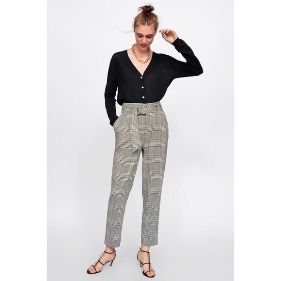 Zara Pants - Zara Plaid Tapered Leg High-Rise Trousers